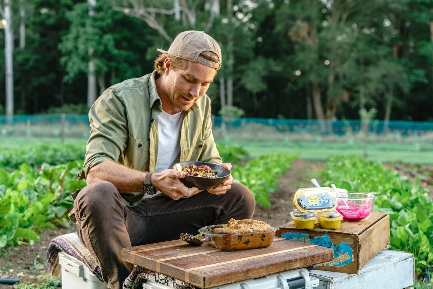 On location cooking Blueberry Buckle with Blueberry Glaze