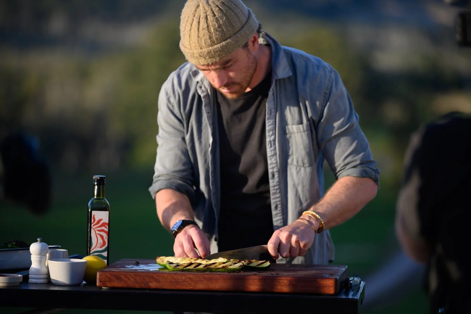 On location cooking Herbed Chicken Marylands w/ Grilled Winter Veg